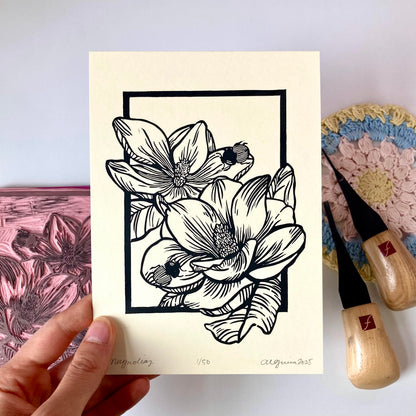 Magnolias | Original Block Print