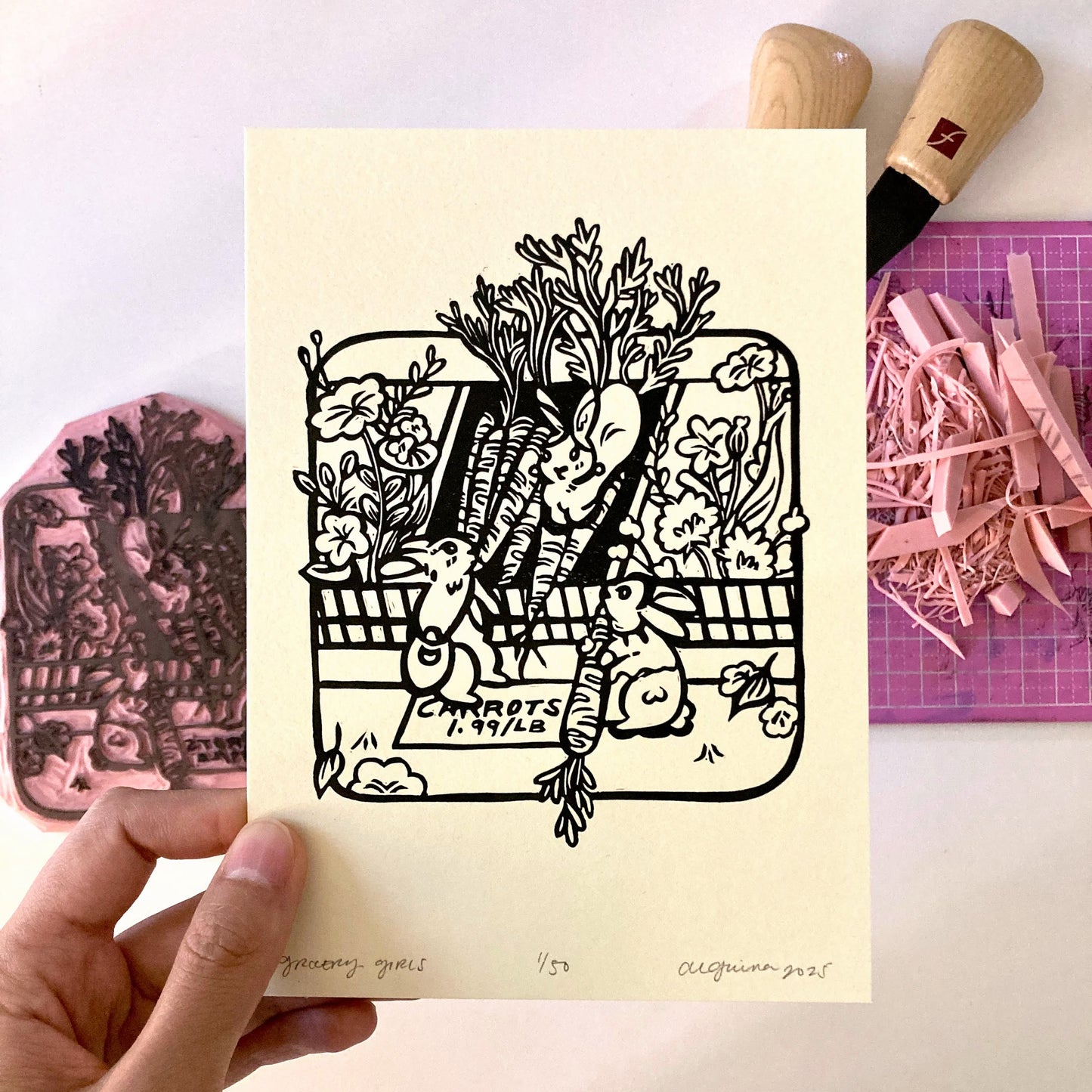 Grocery Girls | Original Block Print